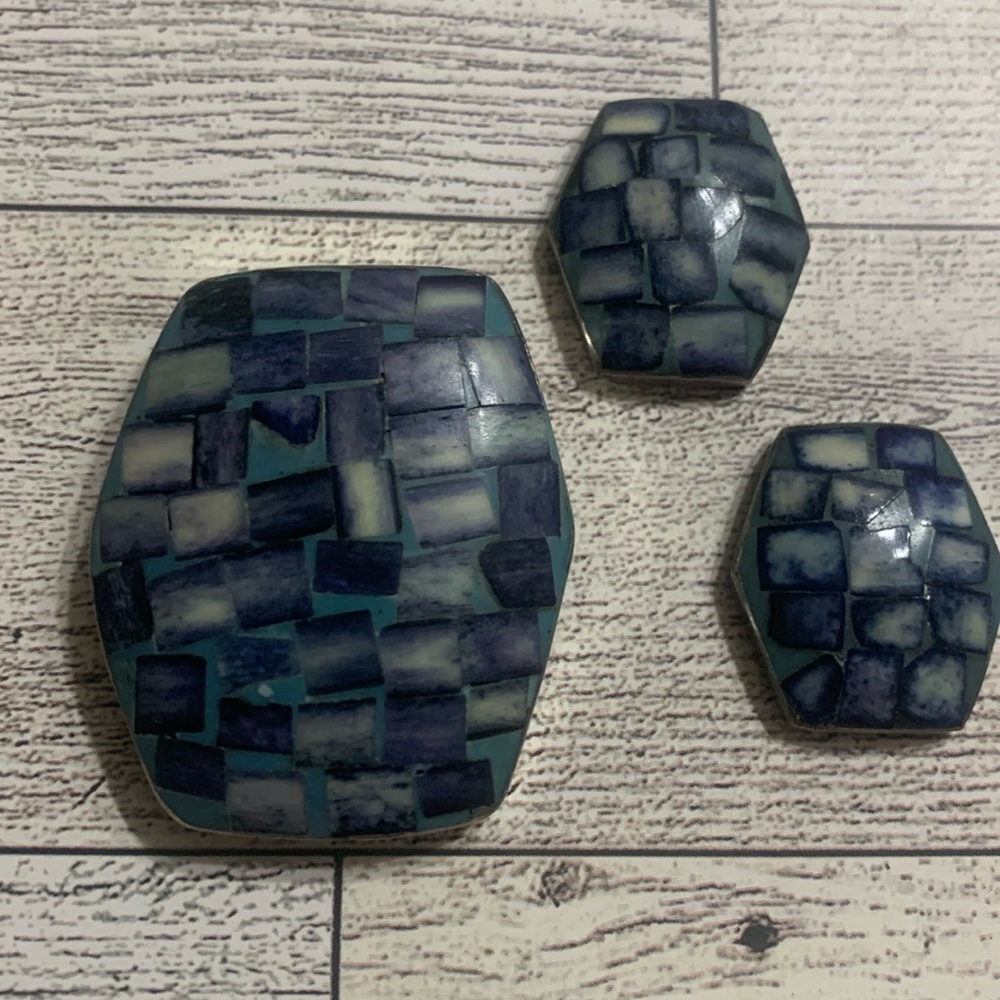 Denim Blue Mosaic Art Pendant w/ matching earrings